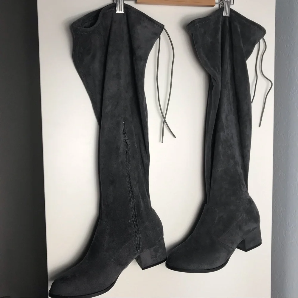 NWOT Gray Faux Suede Over the Knee Boots | Block Heel Tie Back Zip | Fall Winter